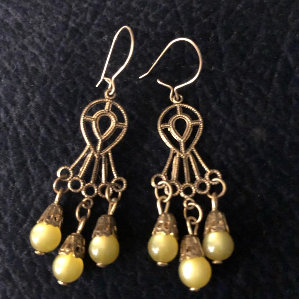 Vintage 1960’s green chandelier pierced earrings. Gold ear wires.  Olive green